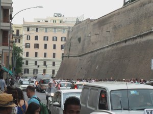 A segment of the lengthy line to enter the Vatican (and it wraps around the block)