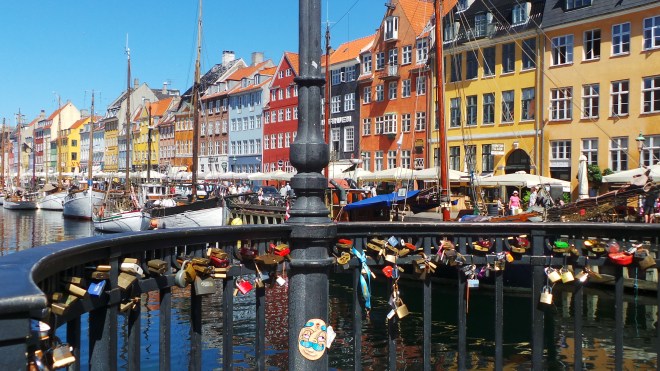 Love locks and a row of Copenhagen homes.